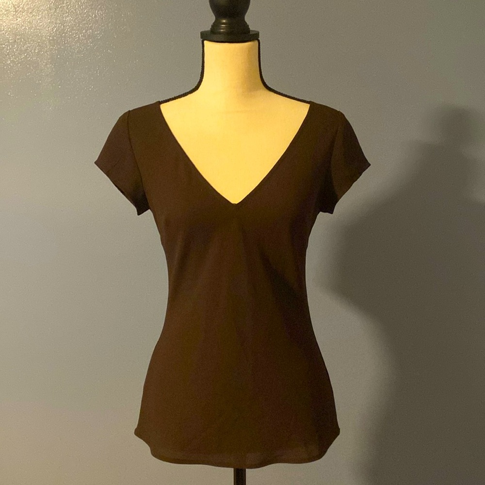 V-Neck Short Sleeve Women's Top in Dark Brown